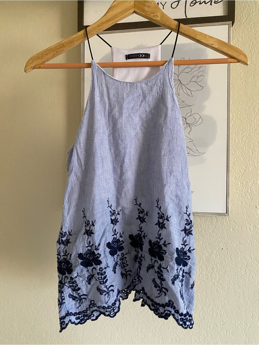Blue Striped Embroidered Halter Tank Top